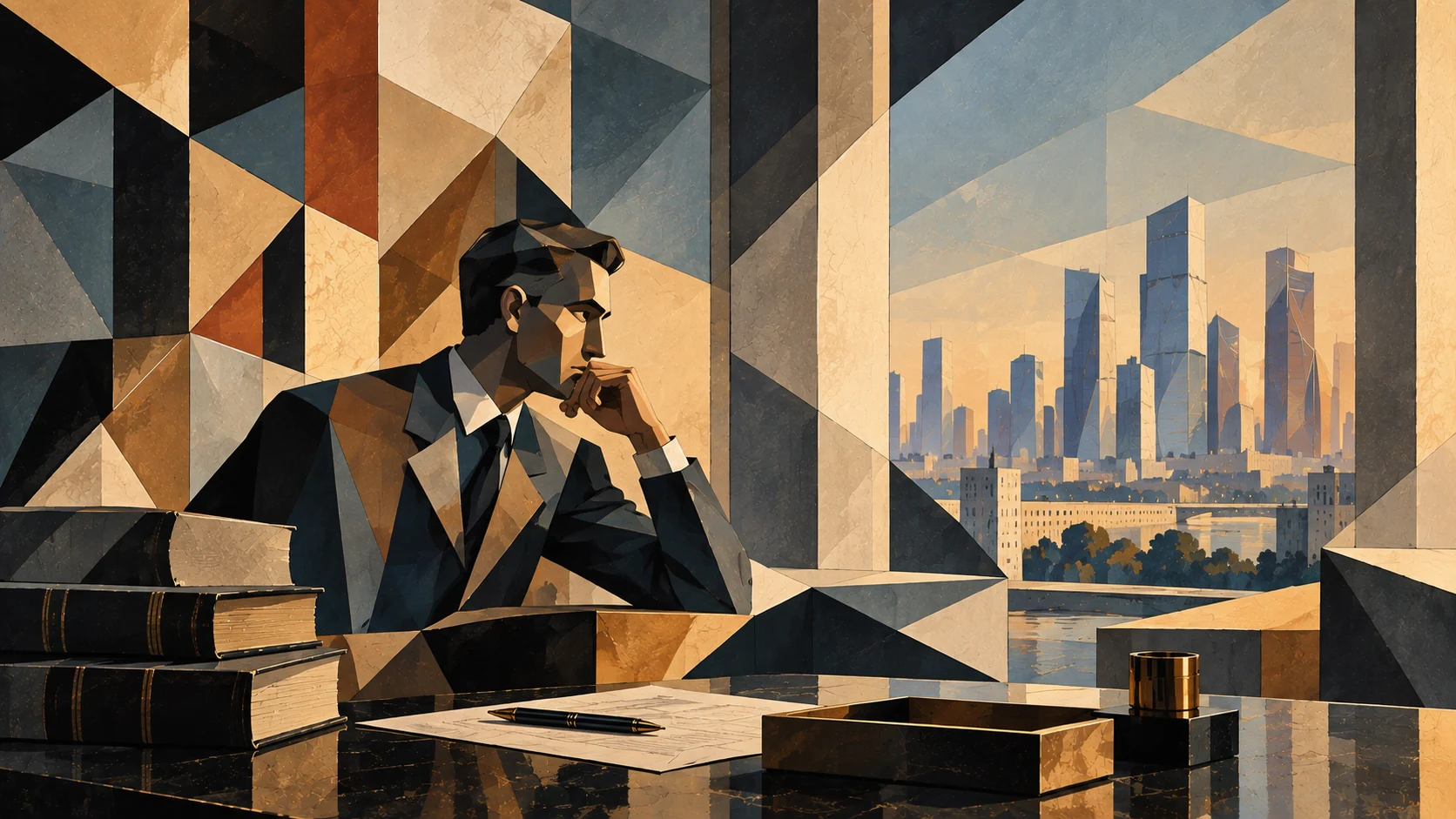 Lawyer considering business law against a geometric city skyline